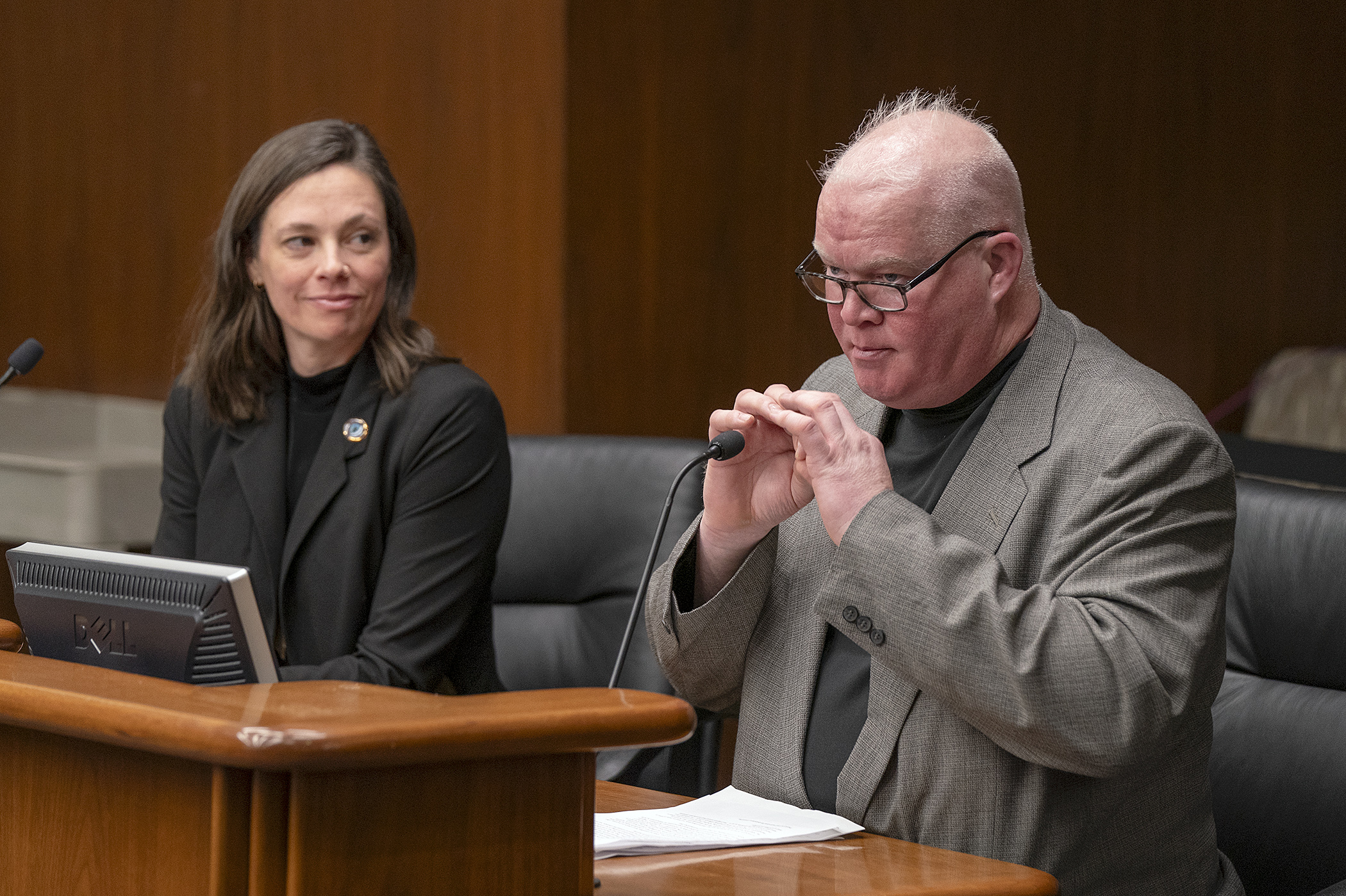 Rice County Commissioner Galen Malecha testifies before the House Housing Finance and Policy Committee in support of HF3210, sponsored by Rep. Kristi Pursell. (Photo by Michele Jokinen)